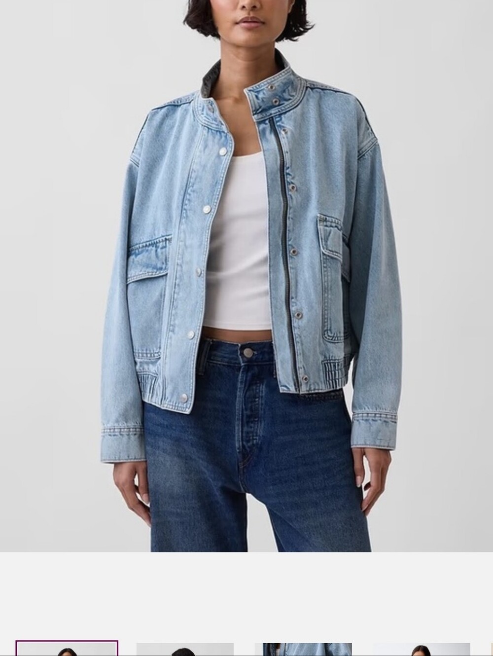 GAP Women's Light Blue Denim Oversized Bomber Jacket with Snap Front